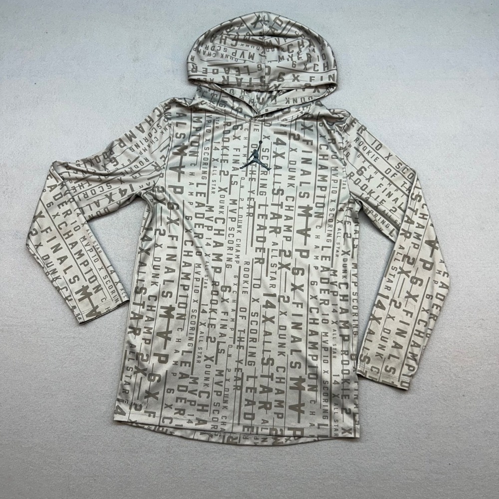 Jordan Boys Dri-FIT Hooded Long Sleeve Shirt Grey Tan Career Stats Print Large